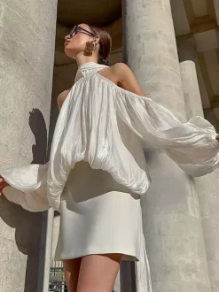 Chemisier dos nu à épaules dénudées pour femme - Haut élégant à manches lanternes et coupe ample avec foulard - Collection Fairycore Printemps 2026