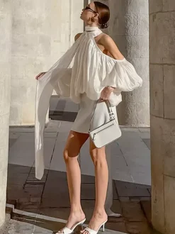 Chemisier dos nu à épaules dénudées pour femme - Haut élégant à manches lanternes et coupe ample avec foulard - Collection Fairycore Printemps 2026