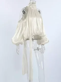 Chemisier dos nu à épaules dénudées pour femme - Haut élégant à manches lanternes et coupe ample avec foulard - Collection Fairycore Printemps 2026