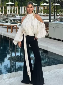 Chemisier dos nu à épaules dénudées pour femme - Haut élégant à manches lanternes et coupe ample avec foulard - Collection Fairycore Printemps 2026