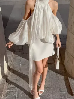 Chemisier dos nu à épaules dénudées pour femme - Haut élégant à manches lanternes et coupe ample avec foulard - Collection Fairycore Printemps 2026