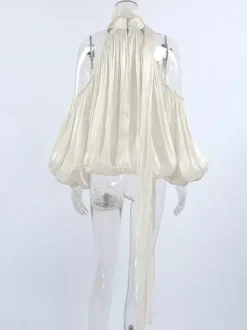 Chemisier dos nu à épaules dénudées pour femme - Haut élégant à manches lanternes et coupe ample avec foulard - Collection Fairycore Printemps 2026