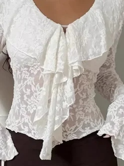 Chemisier en dentelle florale transparente pour femme - Haut blanc élégant à col en V et manches cloche - Collection Coquette Fairycore Printemps 2026