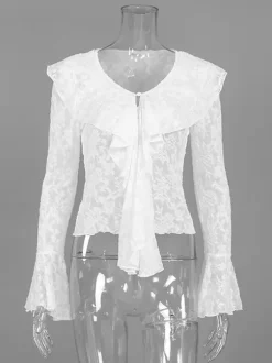 Chemisier en dentelle florale transparente pour femme - Haut blanc élégant à col en V et manches cloche - Collection Coquette Fairycore Printemps 2026