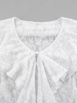 Chemisier en dentelle florale transparente pour femme - Haut blanc élégant à col en V et manches cloche - Collection Coquette Fairycore Printemps 2026
