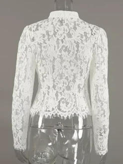 Chemisier en dentelle florale pour femme élégant boutonné - Col montant blanc coupe ajustée - Tenue de soirée printanière 2026