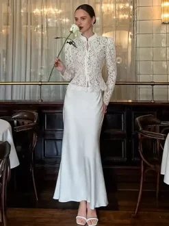 Chemisier en dentelle florale pour femme élégant boutonné - Col montant blanc coupe ajustée - Tenue de soirée printanière 2026