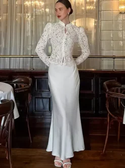 Chemisier en dentelle florale pour femme élégant boutonné - Col montant blanc coupe ajustée - Tenue de soirée printanière 2026