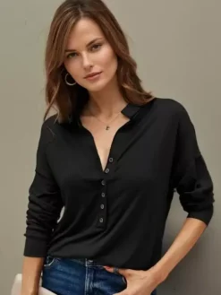 Chemisier Femme Noir Col Rabattu Décontracté Boutons Manches Longues Tops
