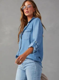 Chemisier Femmes Bleu Denim Col Rabattu Boutons Poches Manches Longues