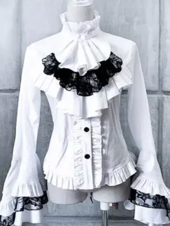 Chemisier lolita gothique en 100% coton bicolore à volants col montant Déguisements Halloween