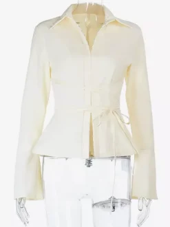 Chemisier péplum élégant et ajusté pour femme - Blouse vintage à manches cloche et taille nouée - Top chic Y2K pour un rendez-vous romantique au printemps 2026