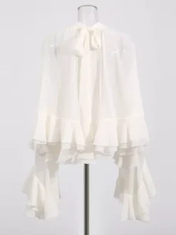 Chemisier victorien à volants pour femme - Top transparent Fairycore à col montant et manches évasées étagées - Idéal pour une soirée romantique printanière 2026