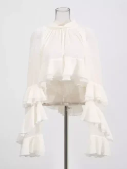 Chemisier victorien à volants pour femme - Top transparent Fairycore à col montant et manches évasées étagées - Idéal pour une soirée romantique printanière 2026