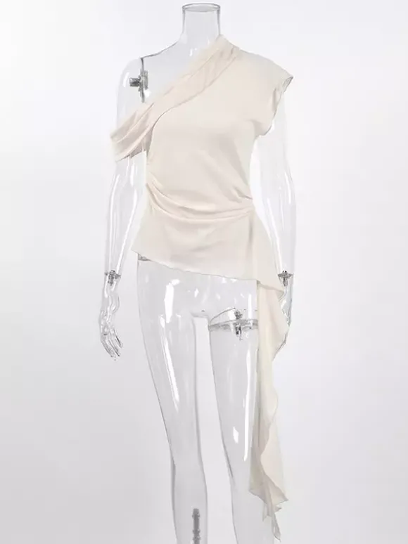 Chemisier asymétrique à une épaule sans manches pour femme froncé sur le côté et drapé.