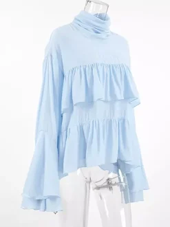 Chemisier bleu clair à volants étagés pour femme - Haut élégant à col montant et manches cloche - Style bohème chic tenue de plage 2026