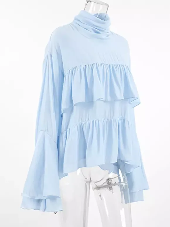 Chemisier bleu clair à volants étagés pour femme - Haut élégant à col montant et manches cloche - Style bohème chic tenue de plage 2026