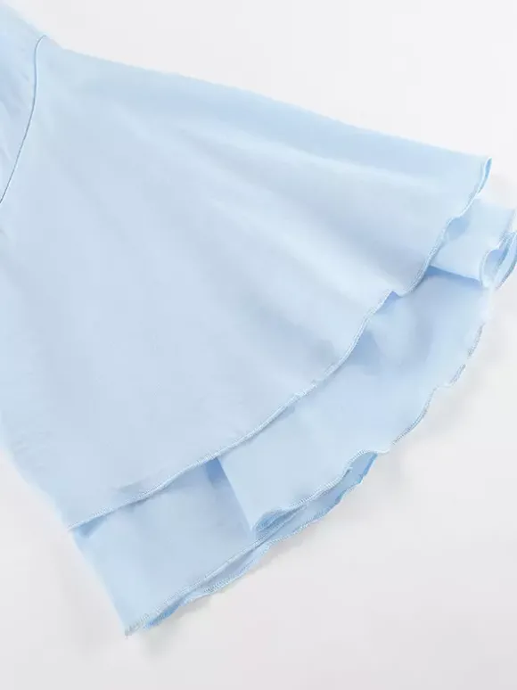Chemisier bleu clair à volants étagés pour femme - Haut élégant à col montant et manches cloche - Style bohème chic tenue de plage 2026