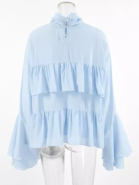 Chemisier bleu clair à volants étagés pour femme - Haut élégant à col montant et manches cloche - Style bohème chic tenue de plage 2026