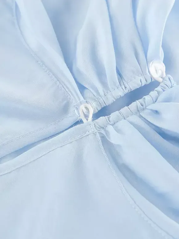 Chemisier bleu clair à volants étagés pour femme - Haut élégant à col montant et manches cloche - Style bohème chic tenue de plage 2026