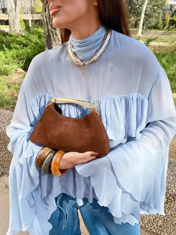 Chemisier bleu clair à volants étagés pour femme - Haut élégant à col montant et manches cloche - Style bohème chic tenue de plage 2026