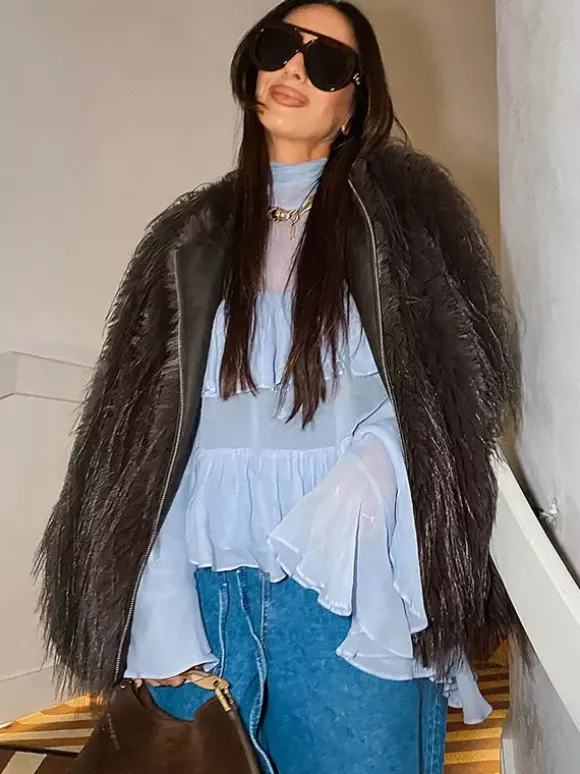 Chemisier bleu clair à volants étagés pour femme - Haut élégant à col montant et manches cloche - Style bohème chic tenue de plage 2026