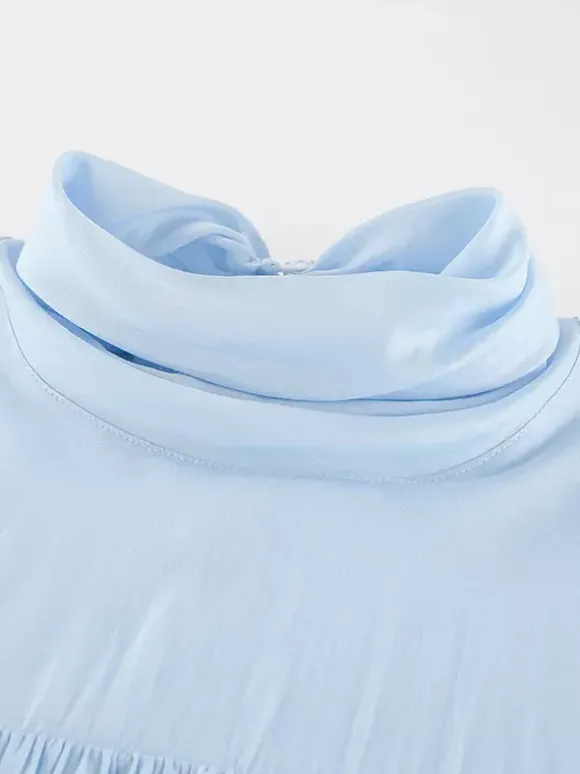 Chemisier bleu clair à volants étagés pour femme - Haut élégant à col montant et manches cloche - Style bohème chic tenue de plage 2026