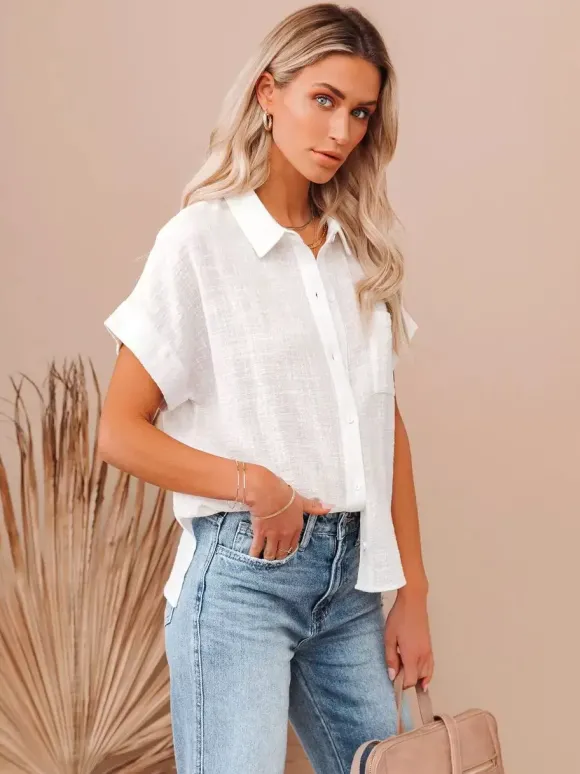 Chemisier Blouse Femme à Col Revers avec Manches Courtes Unicolore