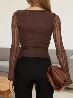 Chemisier cache-c艙ur en dentelle à col V pour femme - Haut court marron vintage à manches longues et coupe ajustée - Tenue décontractée printanière 2026
