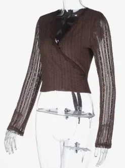 Chemisier cache-c艙ur en dentelle à col V pour femme - Haut court marron vintage à manches longues et coupe ajustée - Tenue décontractée printanière 2026