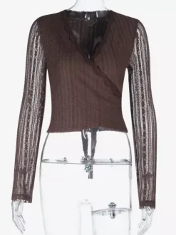 Chemisier cache-c艙ur en dentelle à col V pour femme - Haut court marron vintage à manches longues et coupe ajustée - Tenue décontractée printanière 2026