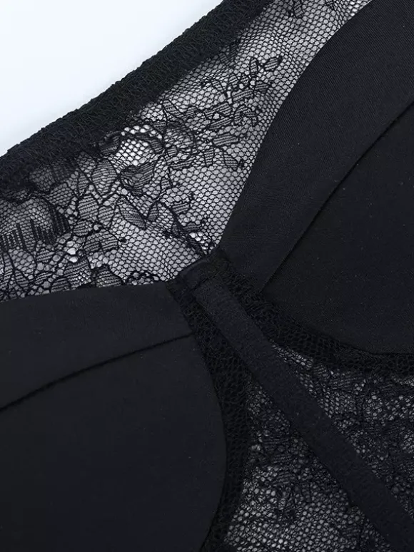 Chemisier corset en dentelle à épaules dénudées pour femme - Bustier noir transparent à manches longues en maille - Tenue de soirée printanière 2026