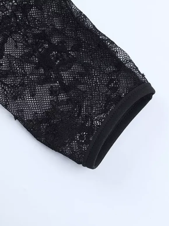 Chemisier corset en dentelle à épaules dénudées pour femme - Bustier noir transparent à manches longues en maille - Tenue de soirée printanière 2026