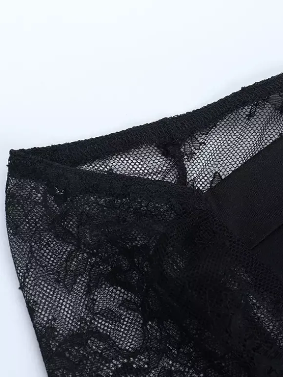 Chemisier corset en dentelle à épaules dénudées pour femme - Bustier noir transparent à manches longues en maille - Tenue de soirée printanière 2026