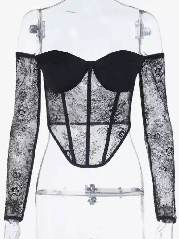 Chemisier corset en dentelle à épaules dénudées pour femme - Bustier noir transparent à manches longues en maille - Tenue de soirée printanière 2026