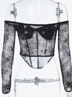 Chemisier corset en dentelle à épaules dénudées pour femme - Bustier noir transparent à manches longues en maille - Tenue de soirée printanière 2026