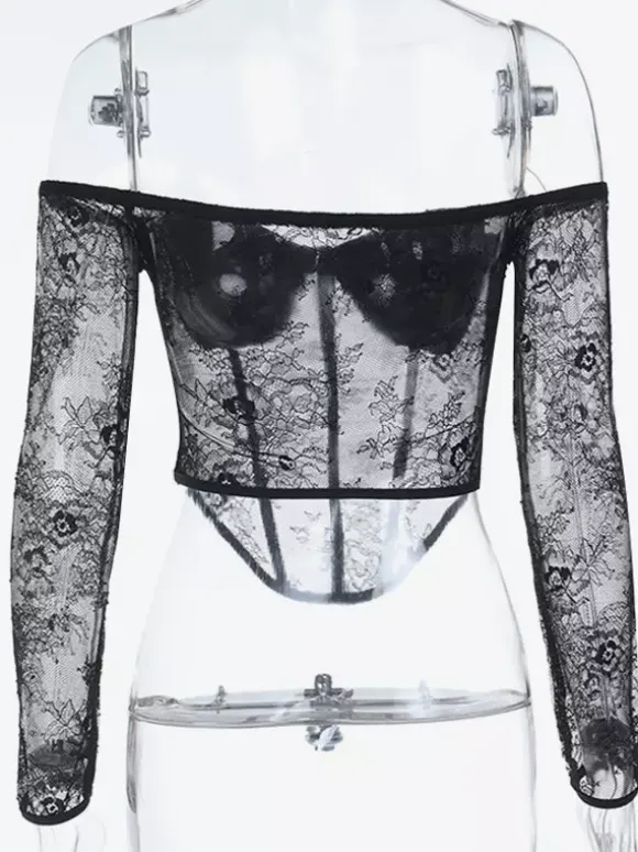 Chemisier corset en dentelle à épaules dénudées pour femme - Bustier noir transparent à manches longues en maille - Tenue de soirée printanière 2026
