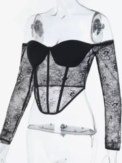 Chemisier corset en dentelle à épaules dénudées pour femme - Bustier noir transparent à manches longues en maille - Tenue de soirée printanière 2026