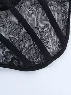 Chemisier corset en dentelle à épaules dénudées pour femme - Bustier noir transparent à manches longues en maille - Tenue de soirée printanière 2026