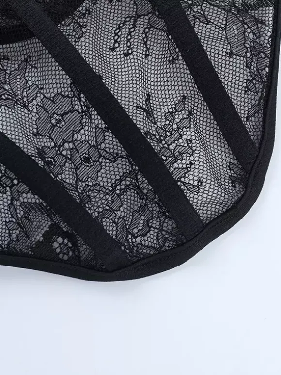 Chemisier corset en dentelle à épaules dénudées pour femme - Bustier noir transparent à manches longues en maille - Tenue de soirée printanière 2026