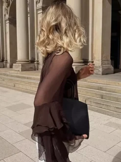 Chemisier en mousseline transparente à manches évasées pour femme - Style bohème marron volants étagés coupe ample - Idéal pour les soirées de printemps 2026