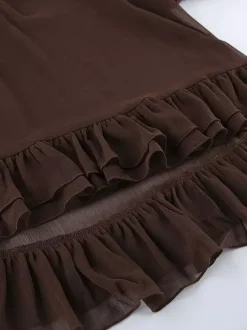 Chemisier en mousseline transparente à manches évasées pour femme - Style bohème marron volants étagés coupe ample - Idéal pour les soirées de printemps 2026