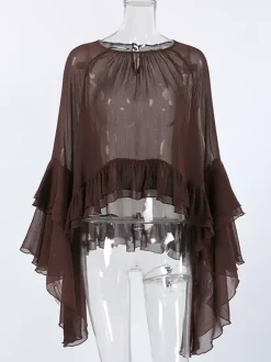 Chemisier en mousseline transparente à manches évasées pour femme - Style bohème marron volants étagés coupe ample - Idéal pour les soirées de printemps 2026