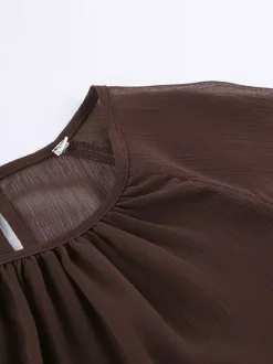 Chemisier en mousseline transparente à manches évasées pour femme - Style bohème marron volants étagés coupe ample - Idéal pour les soirées de printemps 2026