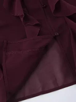 Chemisier en mousseline à volants pour femme haut chic et transparent - Rouge vin rétro victorien à manches évasées - Collection Printemps 2026