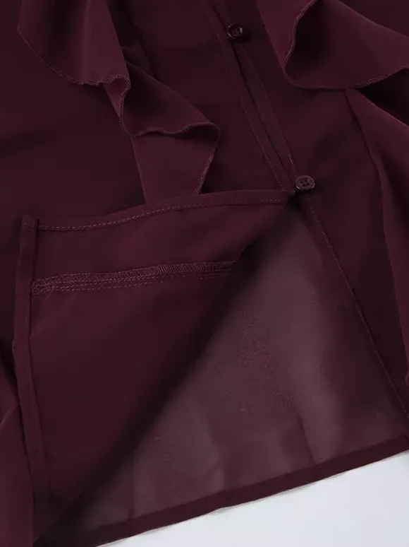 Chemisier en mousseline à volants pour femme haut chic et transparent - Rouge vin rétro victorien à manches évasées - Collection Printemps 2026