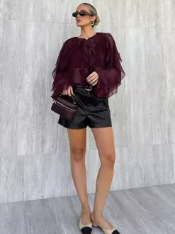 Chemisier en mousseline à volants pour femme haut chic et transparent - Rouge vin rétro victorien à manches évasées - Collection Printemps 2026