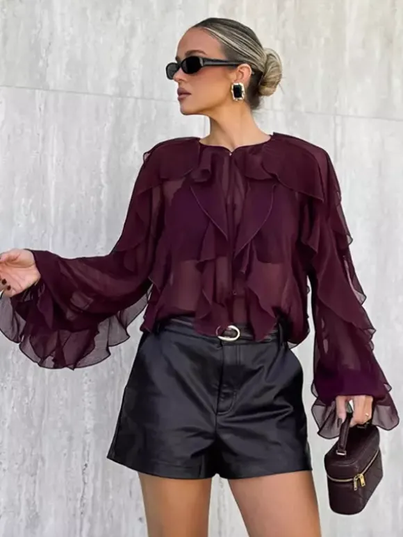 Chemisier en mousseline à volants pour femme haut chic et transparent - Rouge vin rétro victorien à manches évasées - Collection Printemps 2026