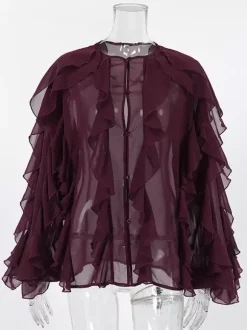 Chemisier en mousseline à volants pour femme haut chic et transparent - Rouge vin rétro victorien à manches évasées - Collection Printemps 2026