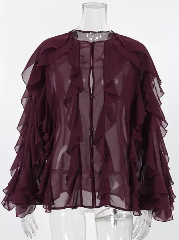 Chemisier en mousseline à volants pour femme haut chic et transparent - Rouge vin rétro victorien à manches évasées - Collection Printemps 2026